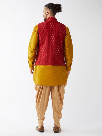 Men's Mustard Silk Blend Straight Jacket  Kurta and Dhoti Set