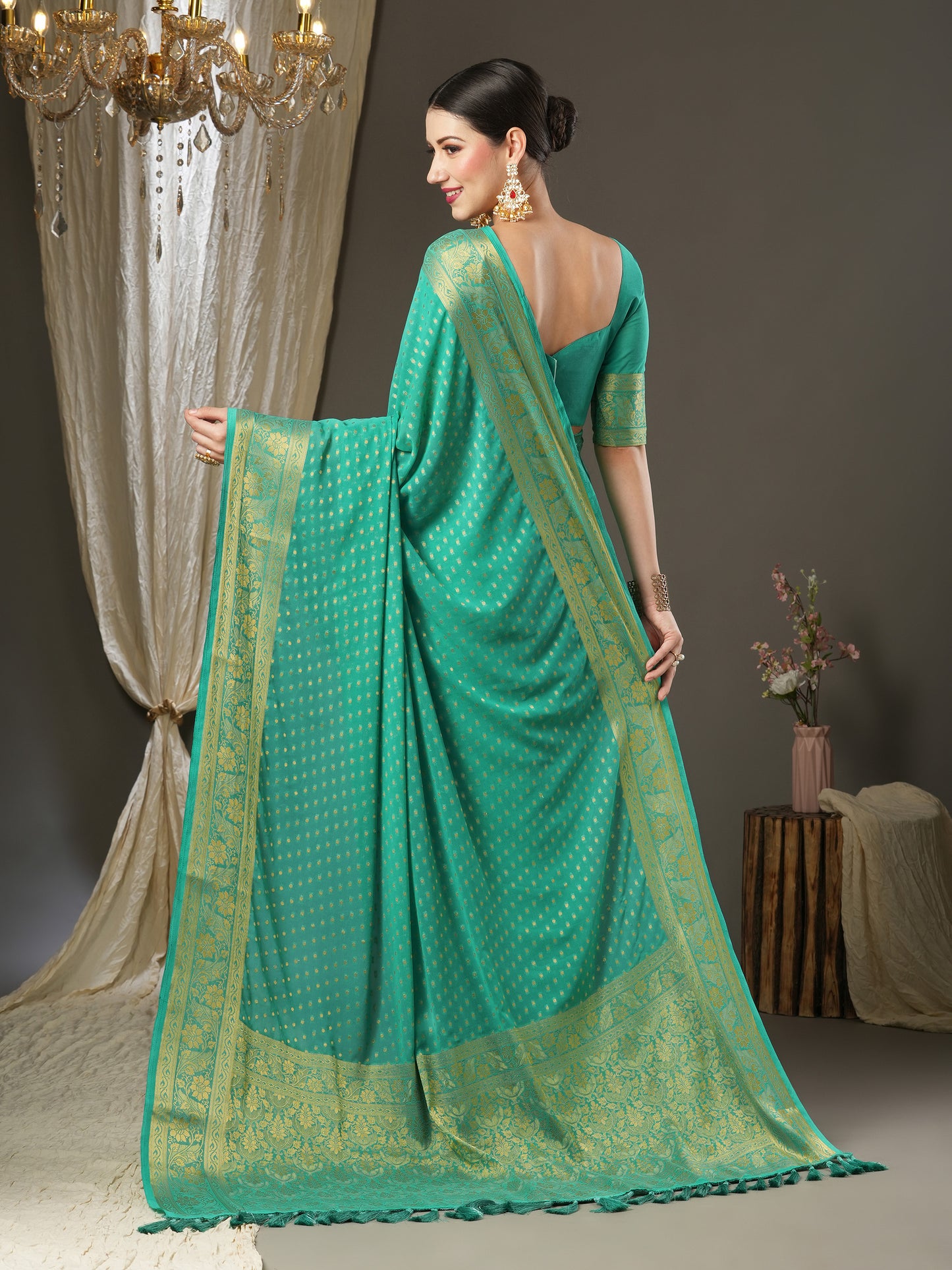 Women's Georgette Teal blue Woven Design Designer Saree With Blouse Piece