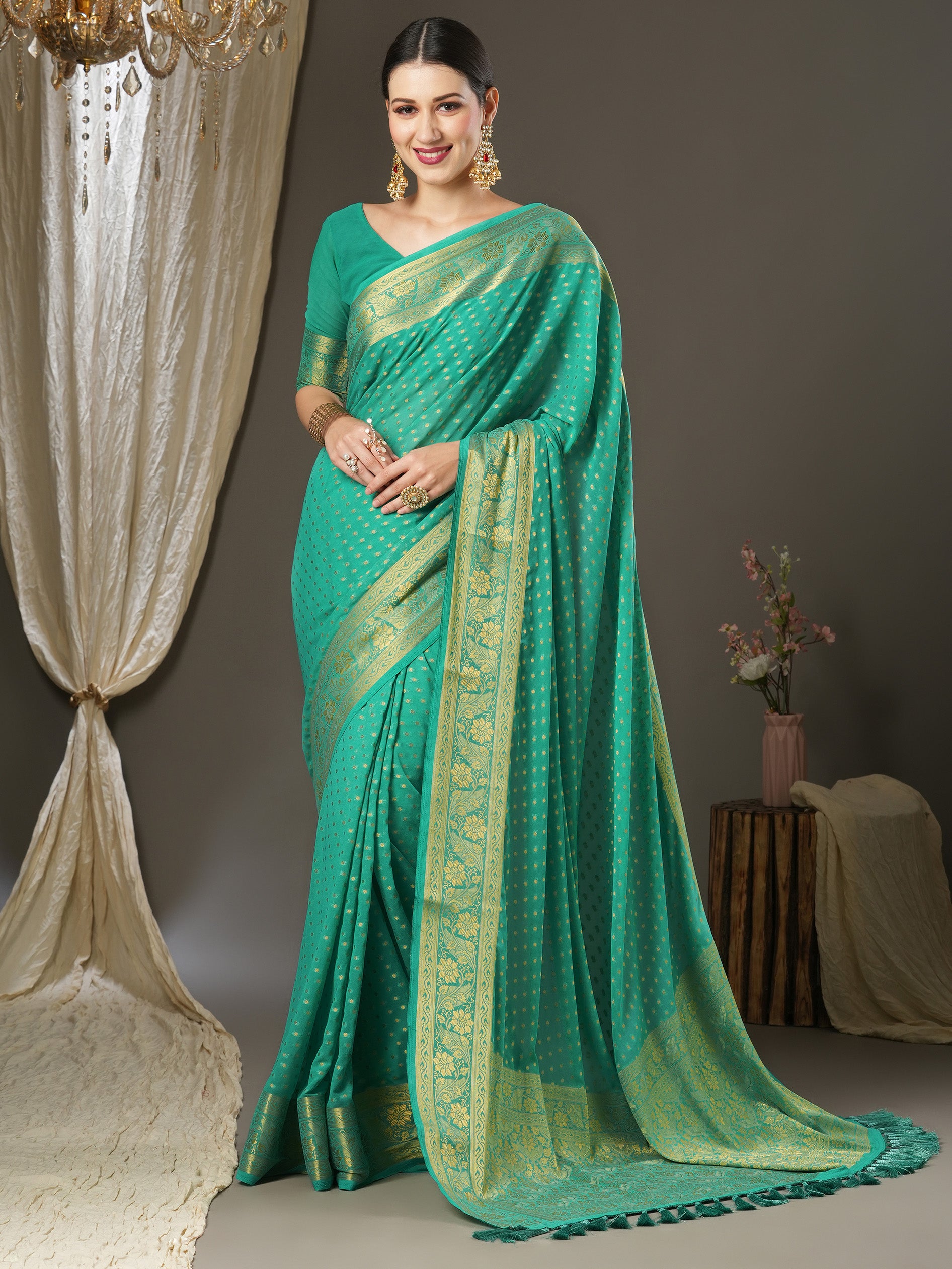 Women's Georgette Teal blue Woven Design Designer Saree With Blouse Piece