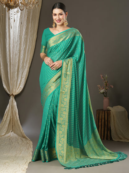 Women's Georgette Teal blue Woven Design Designer Saree With Blouse Piece