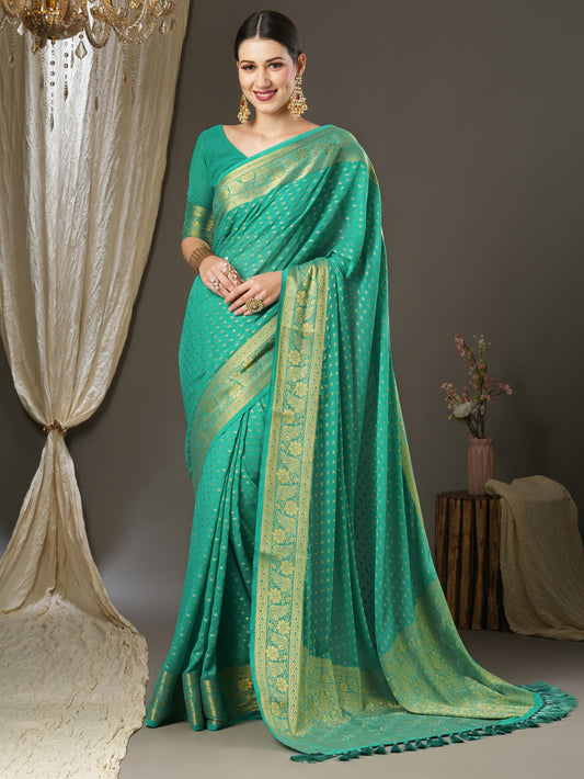 Women's Georgette Teal blue Woven Design Designer Saree With Blouse Piece