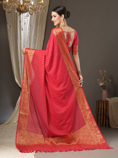 Women's Georgette Pink Woven Design Designer Saree With Blouse Piece