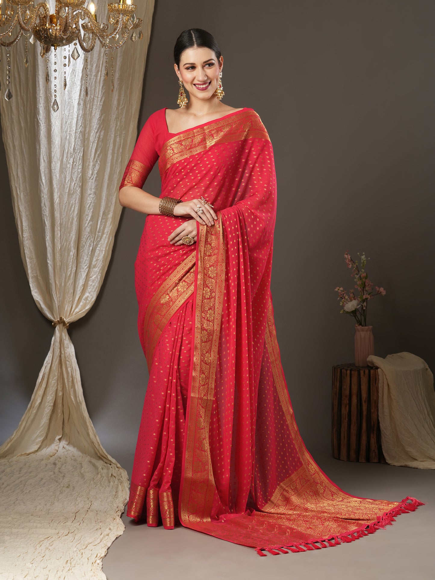 Women's Georgette Pink Woven Design Designer Saree With Blouse Piece