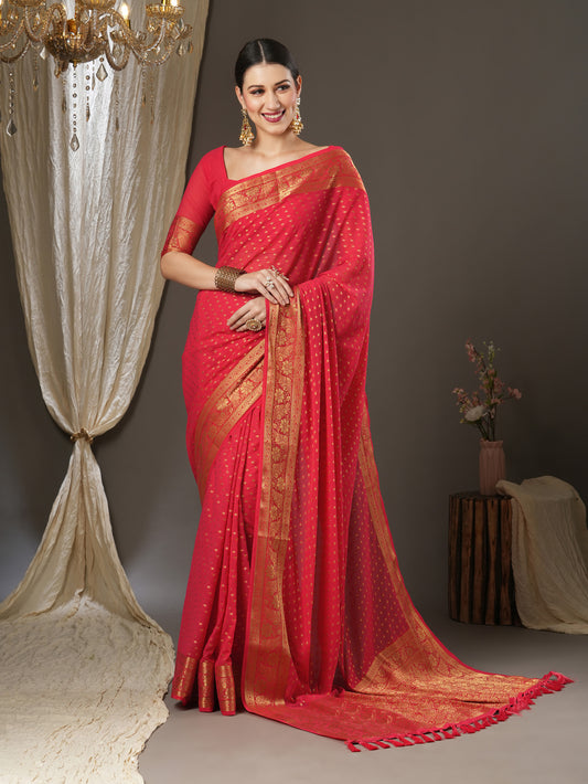 Women's Georgette Pink Woven Design Designer Saree With Blouse Piece