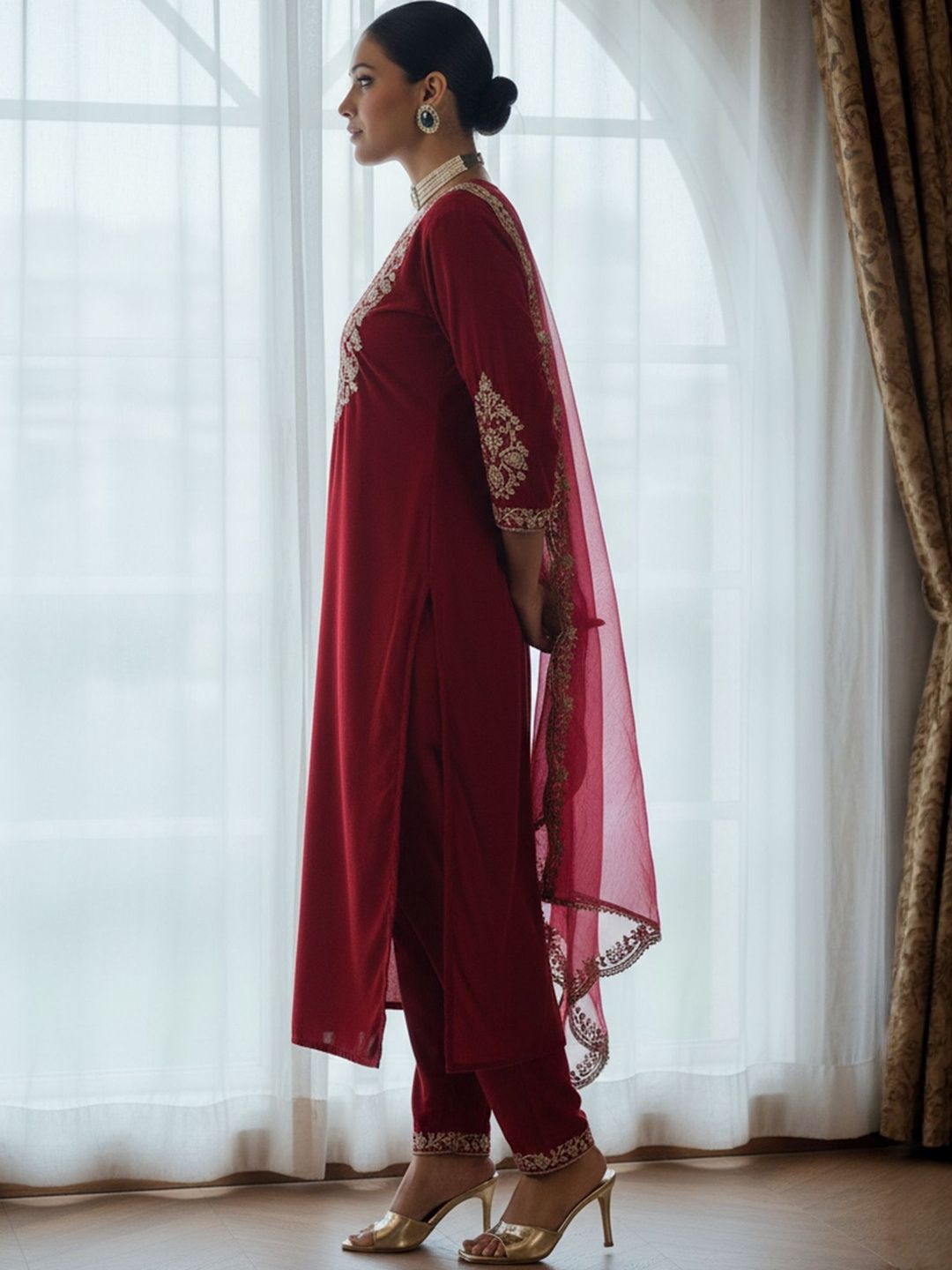 Embroidered Round Neck Thread Work Velvet Kurta With Trousers & Dupatta