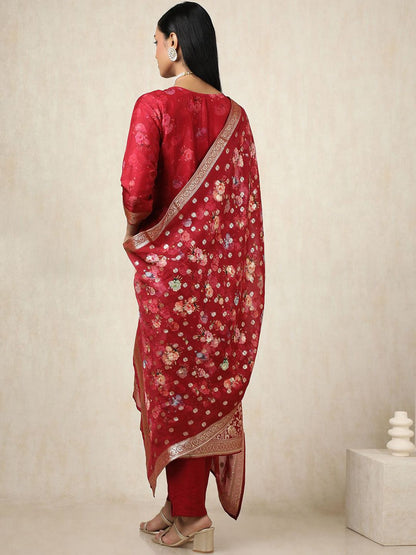 Dhiyona SO Women's Floral Woven Design Zari Work Brocade Kurta With Trousers & Dupatta