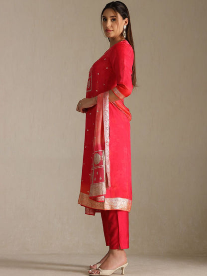 Dhiyona SO Women's Women Floral Woven Design Regular Sequinned Kurta With Trousers & Dupatta