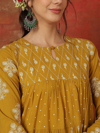 Dhiyona SN Women's Printed Pure Cotton Key Hole-Neck Anarkali Kurta & Trousers With Dupatta