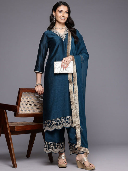 Dhiyona VA Women'sBlue Floral Embroidered V-Neck Regular Straight Kurta With Palazzo With Dupatta
