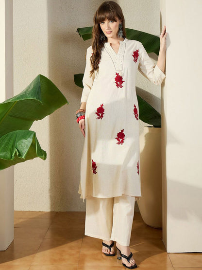 Dhiyona IE Floral Embroidered Pure Cotton Mandarin Collar Top With Trousers Co-Ords