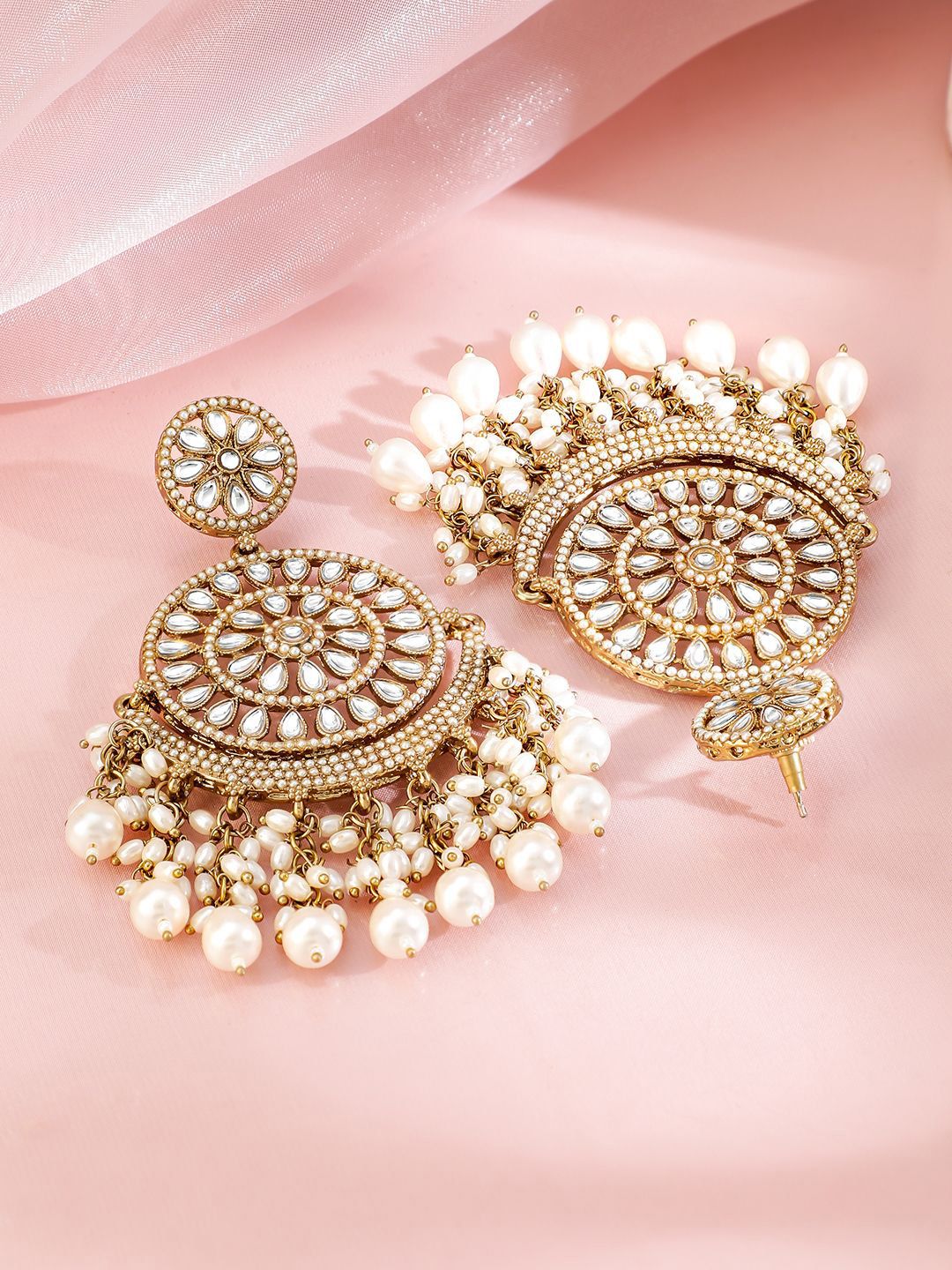 Dhiyona RJ Women's 18K Gold Plated Kundan Studed White Pearl Beaded Handcrafted Long Chandbali Earring