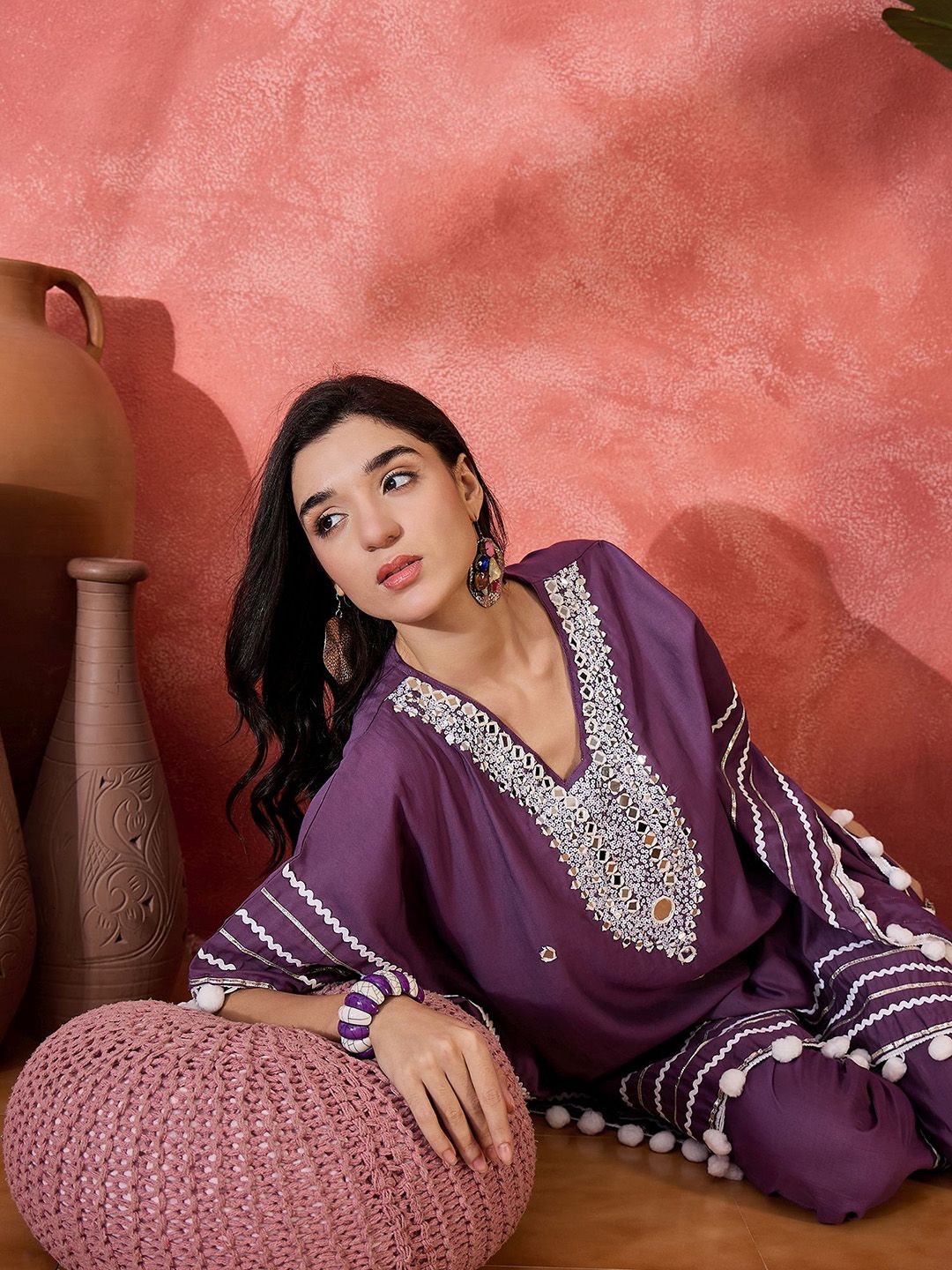 Dhiyona SN Women's Floral Embroidered Square Neck Mirror Work Kaftan Kurta With Trousers