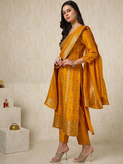Dhiyona SO Women's Ethnic Motifs Embroidered Beads and Stones Straight Kurta with Trousers & Dupatta