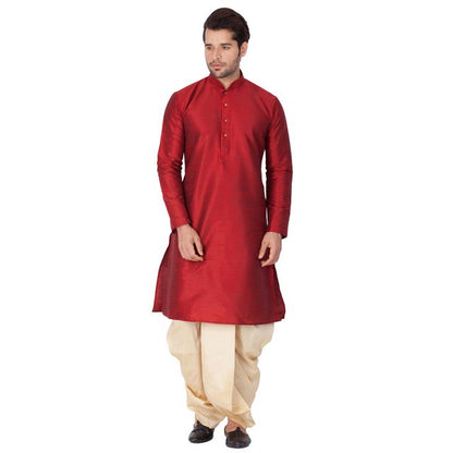 Men's Maroon Silk Blend Straight Kurta and Dhoti Set