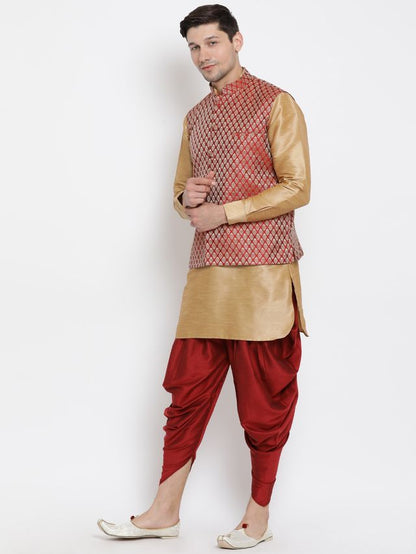 Men's Rose Gold Silk Blend Straight Jacket  Kurta and Dhoti Set