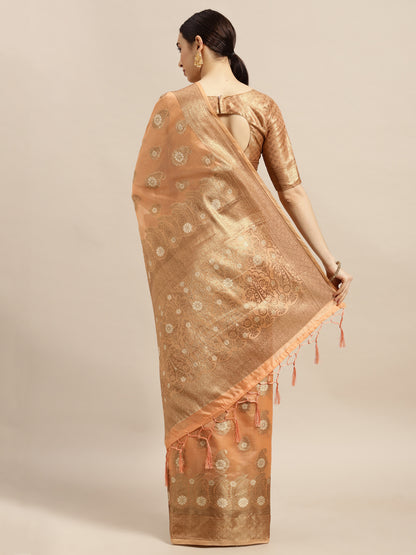 Women's Silk Blend Peach Woven Design Woven saree With Blouse Piece