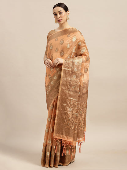 Women's Silk Blend Peach Woven Design Woven saree With Blouse Piece
