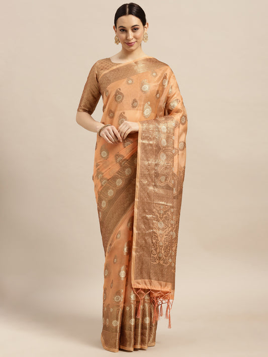 Women's Silk Blend Peach Woven Design Woven saree With Blouse Piece