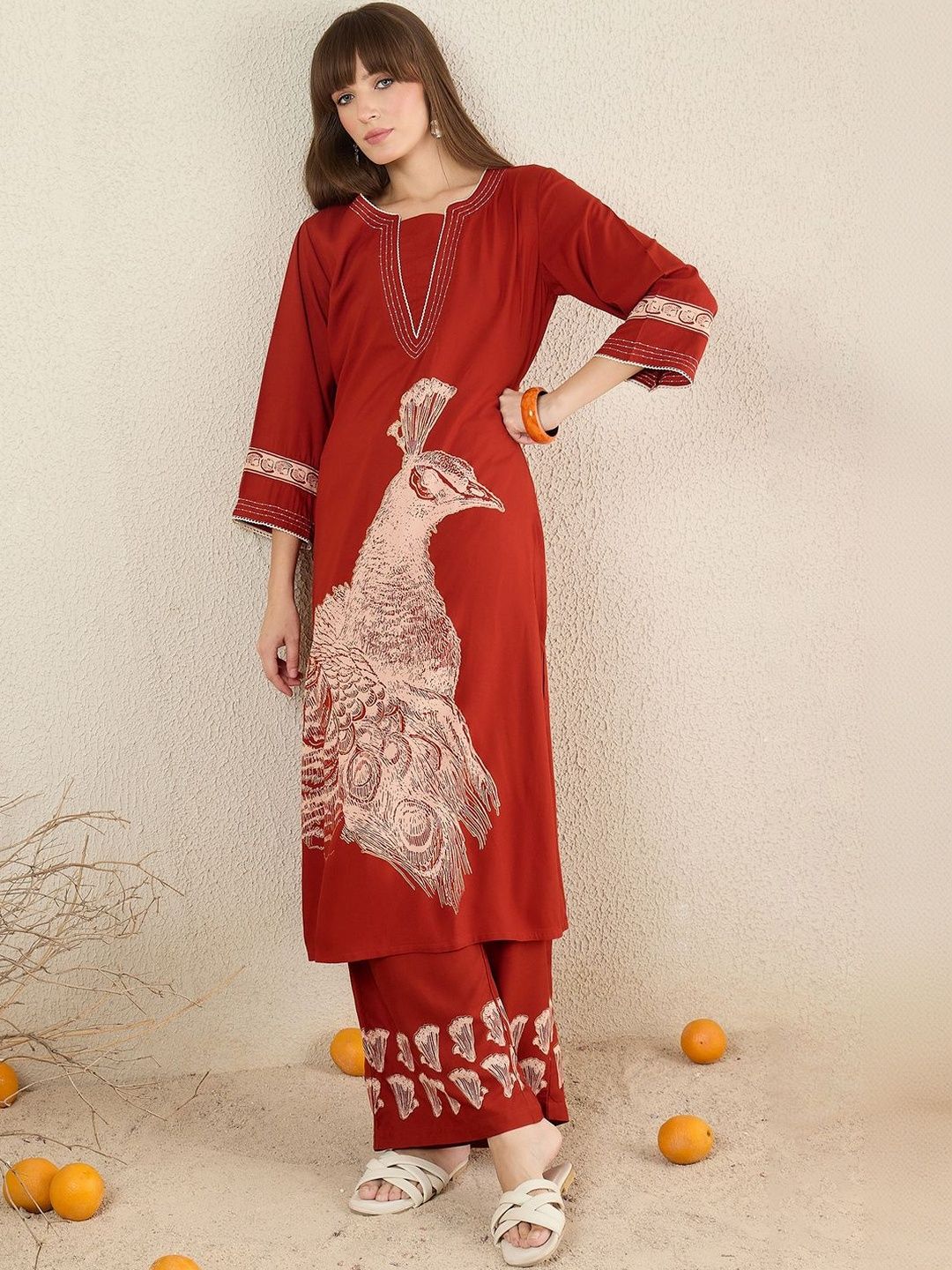 Women Ethnic Motifs Printed Regular Thread Work Kurta with Palazzos