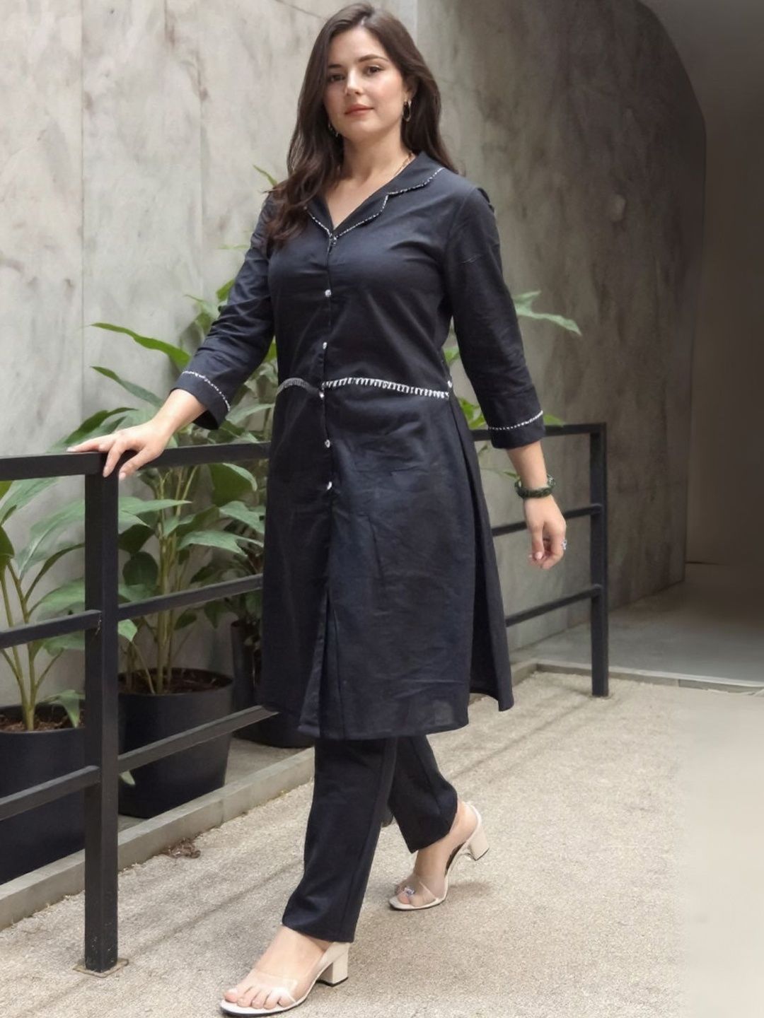 Dhiyona IE Women Lapel Collar Thread Work A-Line Pure Cotton Kurta With Trousers