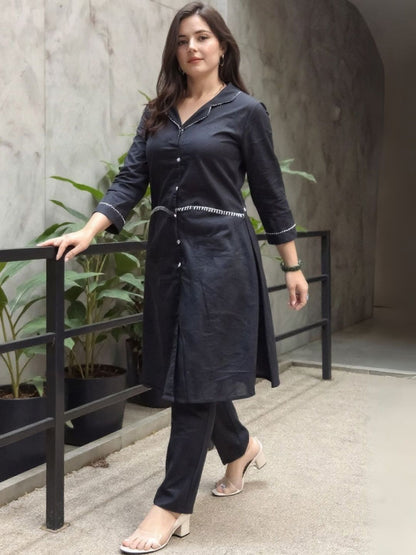 Women Lapel Collar Thread Work A-Line Pure Cotton Kurta With Trousers