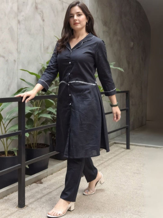 Women Lapel Collar Thread Work A-Line Pure Cotton Kurta With Trousers