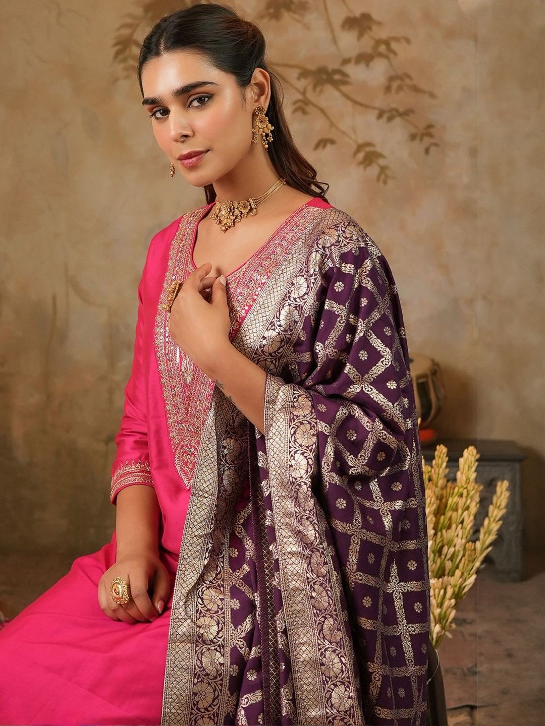 Women Ethnic Motifs Embroidered Regular Kurta with Trousers & Dupatta