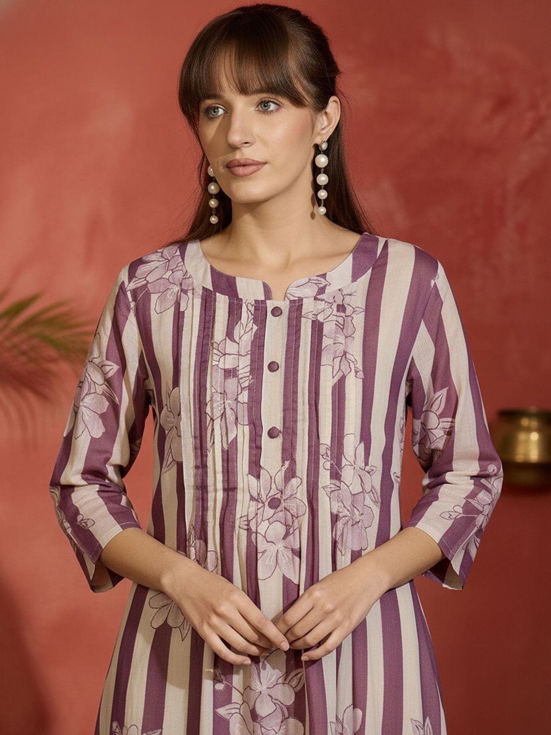 Striped Printed Round Neck Panelled Pure Cotton Kurta With Trousers