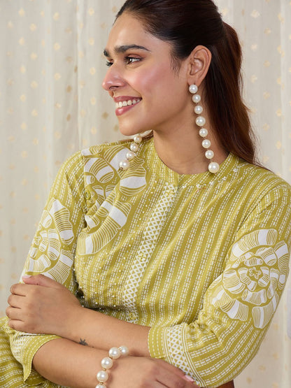 Floral Printed Mandarin Collar Pure Cotton A-Line Kurta With Trousers