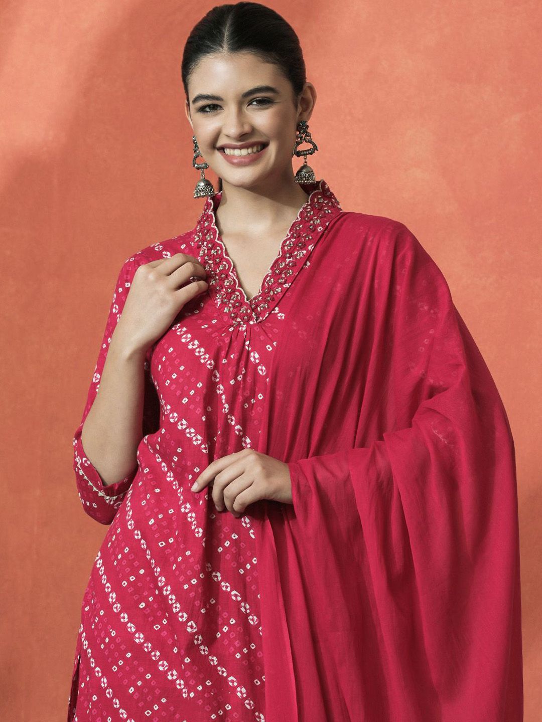 Dhiyona SN Women's Bandhani Printed V-Neck Pleated Pure Cotton Straight Kurta With Trouser & Dupatta