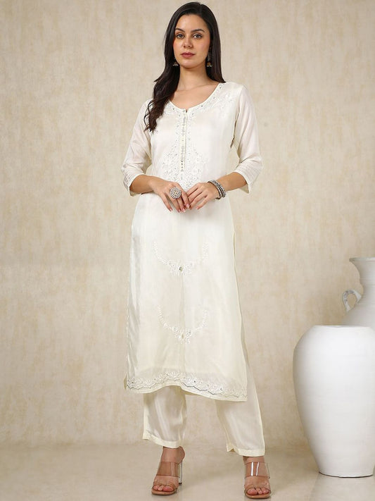 Dhiyona SO Women's Off White Floral Embroidered Round Neck Mirror Work Kurta With Trousers & Dupatta