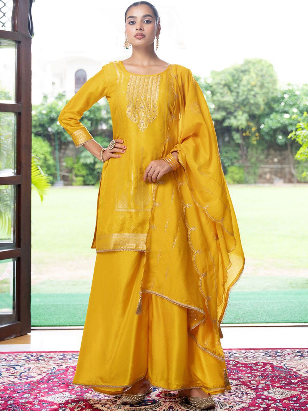 Dhiyona CH Women Ethnic Motifs Embroidered Regular Thread Work Kurta with Palazzos & Dupatta