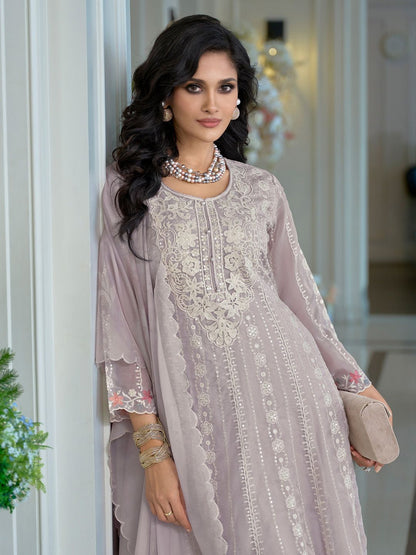 Adults-Women Woven Design Embroidered Anarkali Kurta with Trousers & Dupatta