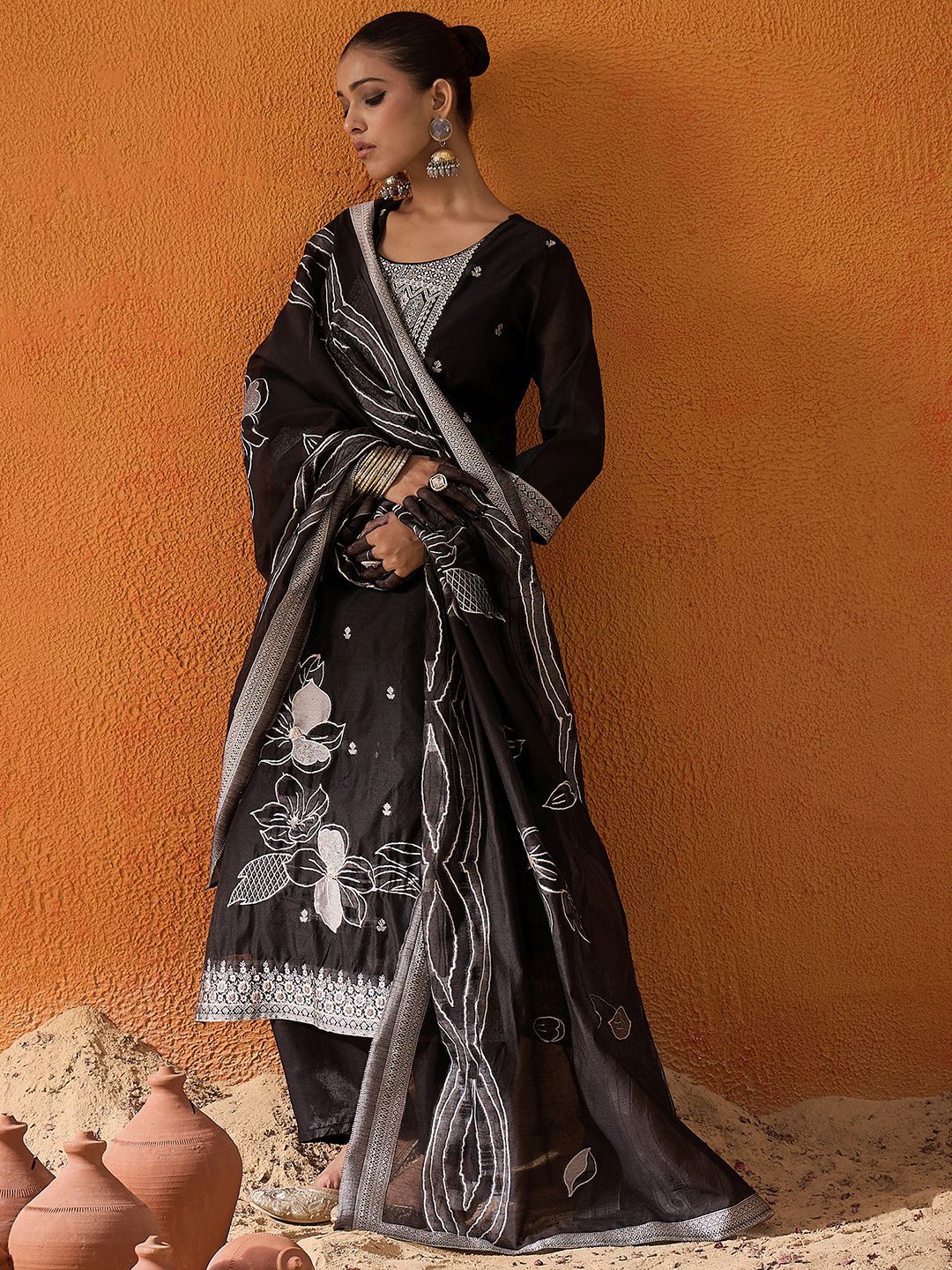 Floral Woven Design Thread Work Straight Kurta With Trousers & Dupatta