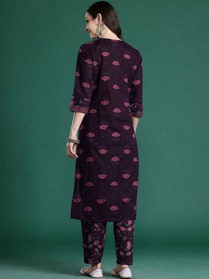 Women Floral Printed Regular Thread Work Pure Cotton Kurta with Trousers
