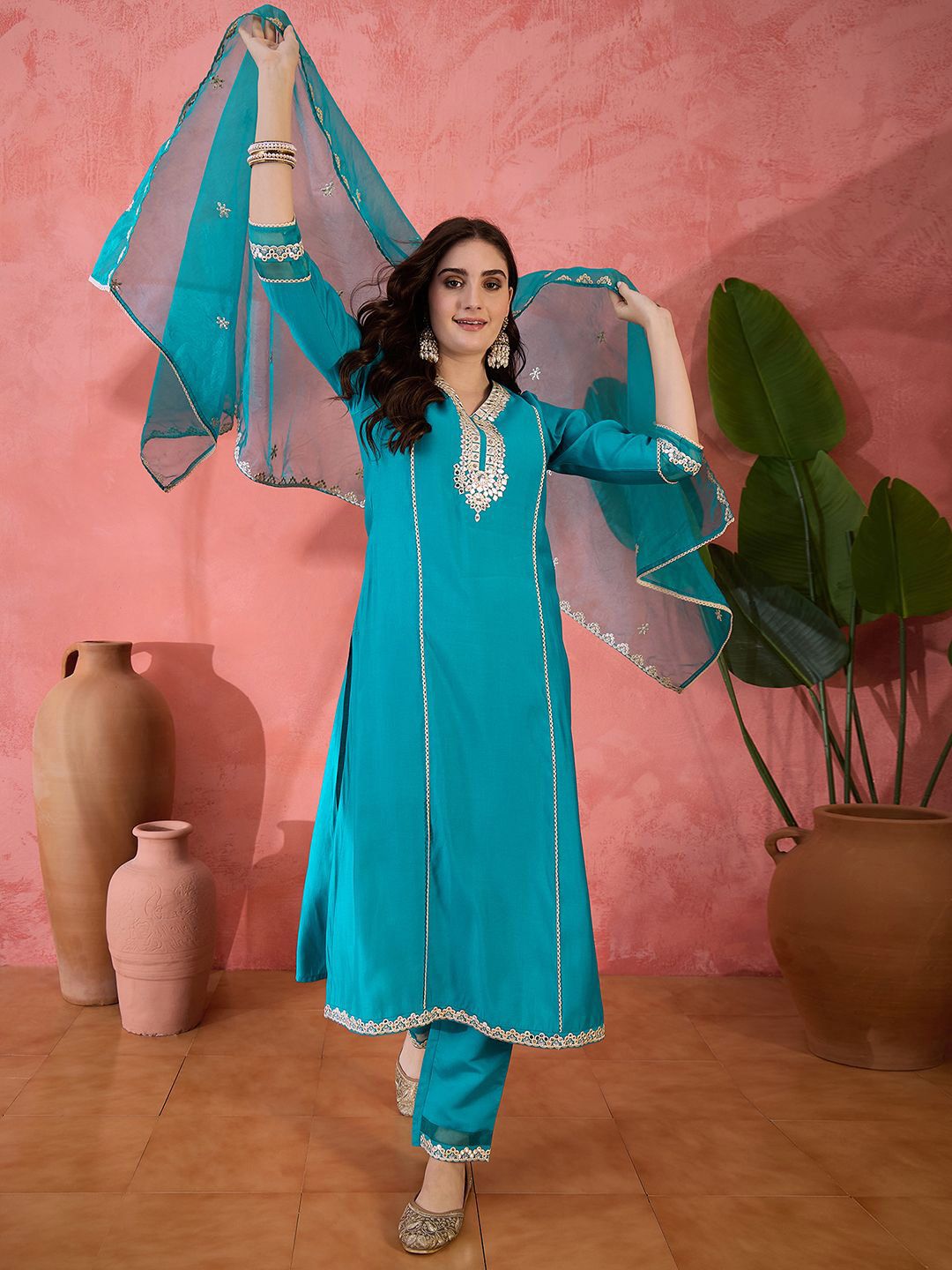 Dhiyona SN Women's Solid Embroidered Kurta with Trousers & Dupatta