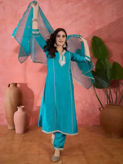 Dhiyona SN Women's Solid Embroidered Kurta with Trousers & Dupatta