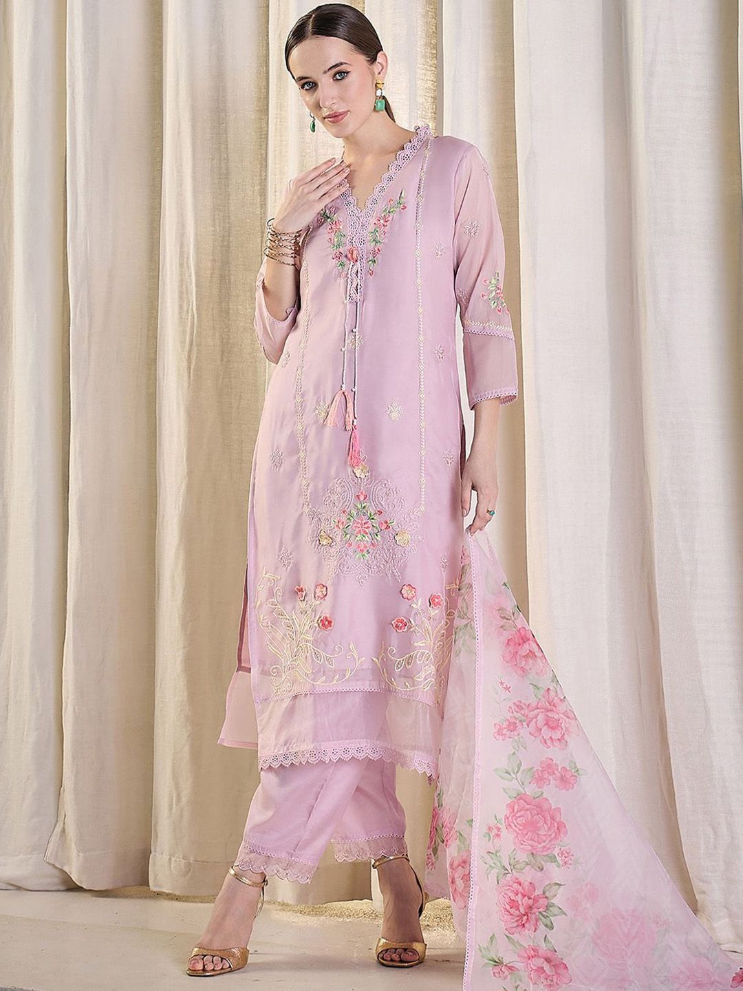 Floral Embroidered Thread Work Kurta With Trousers & Dupatta