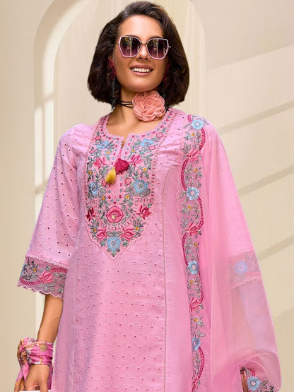 Women Floral Embroidered Regular Thread Work Pure Cotton Kurta with Trousers & With Dupatta