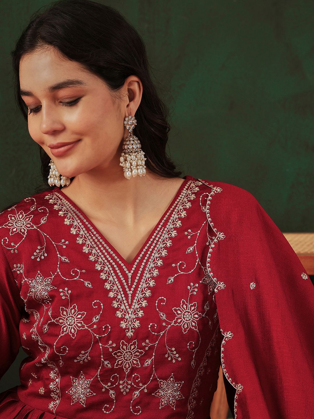 Dhiyona SN Women's Maroon Floral Embroidered Sequinned Anarkali Kurta With Trouser & Dupatta