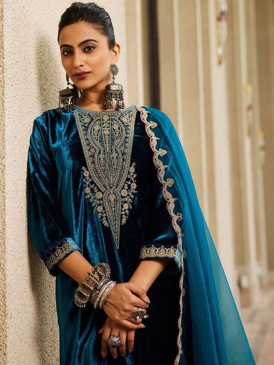 Women Ethnic Motifs Embroidered Regular Velvet Kurta with Trousers & Dupatta