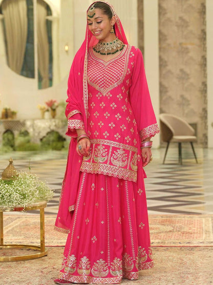 Dhiyona IE Ethnic Motifs Embroidered V-Neck Straight Kurta With Sharara & Dupatta