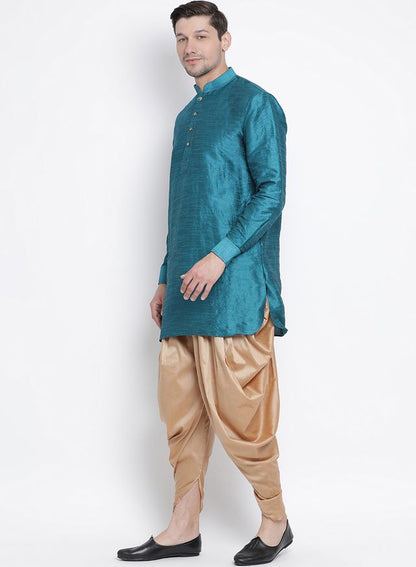 Men's Dark Green Silk Blend Pathani Kurta and Dhoti Set