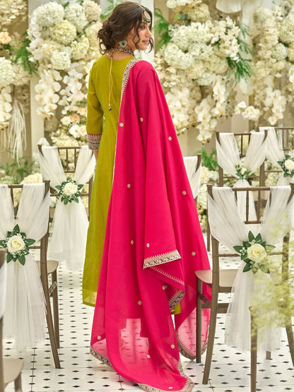 Motifs Yoke Design Notch Neck Sequinned Anarkali Kurta & Trousers With Dupatta