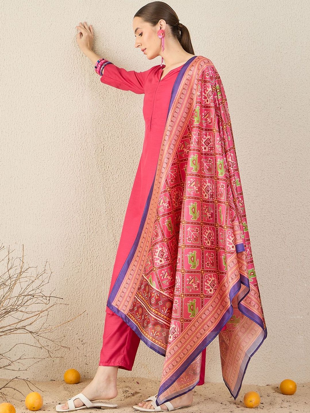 Women Solid A-Line Kurta with Trousers & Dupatta