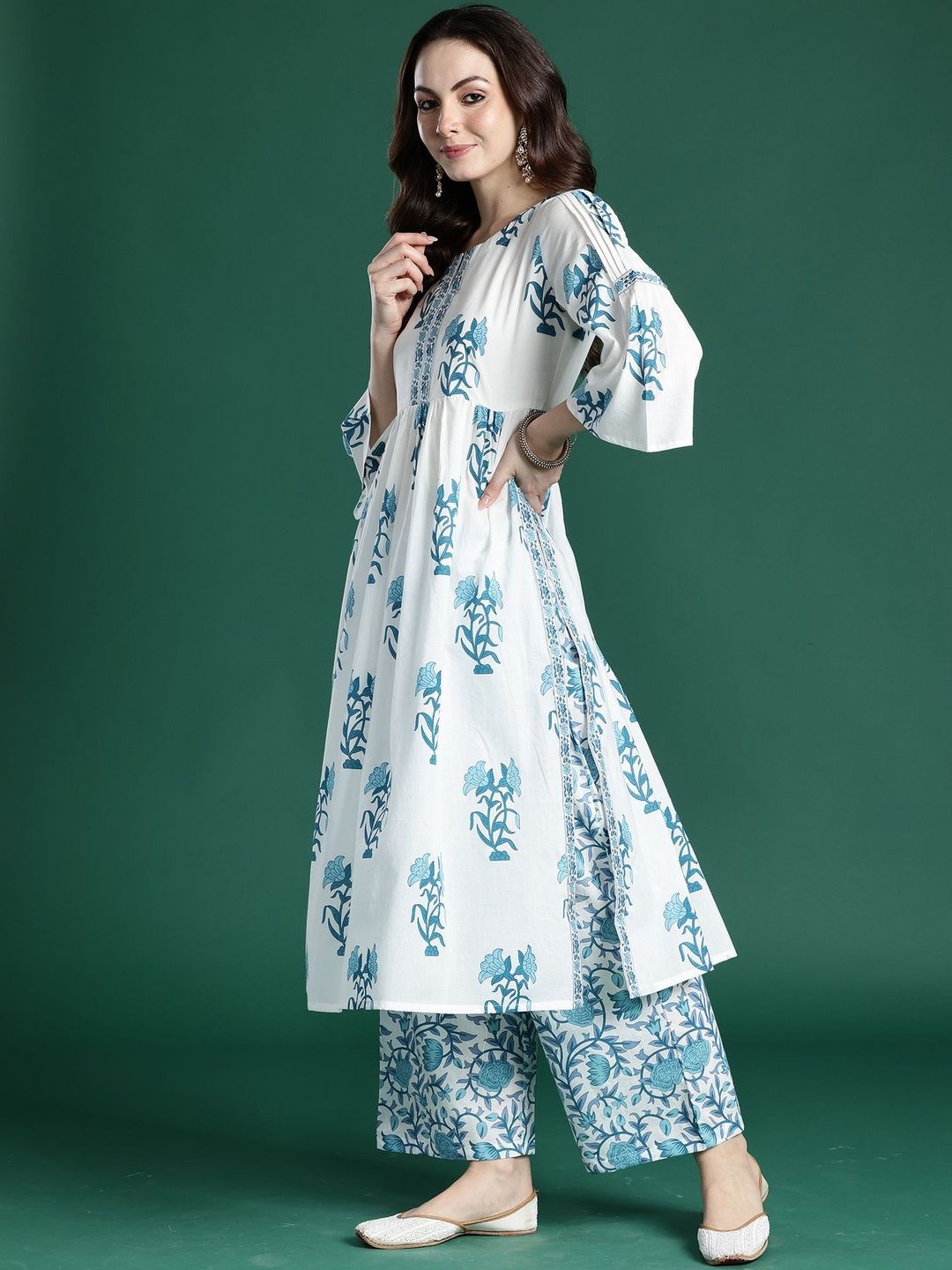 Women Floral Printed Cotton A-Line Kurta with Palazzos