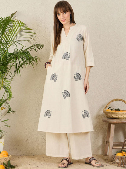Dhiyona IE Embroidered Pure Cotton Mandarin Collar Tunic With Trousers