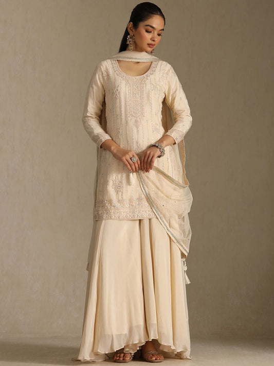 Dhiyona SO Women's Ethnic Motifs Embroidered Beads And Stones Straight Kurti With Palazzos & Dupatta