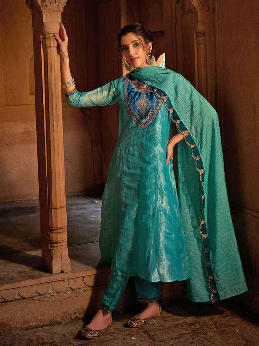 Dhiyona CH Women Floral Embroidered Regular Sequinned Kurta with Trousers & Dupatta