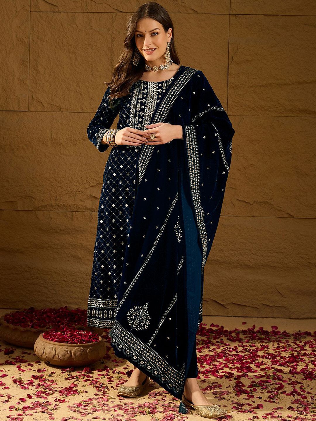 Dhiyona PD Women Embroidered Velvet Straight Kurta With Trousers And Dupatta